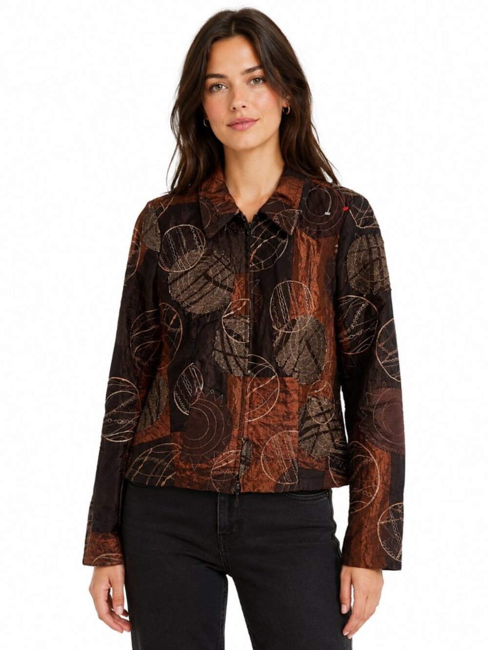 Joseph Ribkoff Copper & Brown Abstract Embroidered Zip-Up Jacket Size 4
